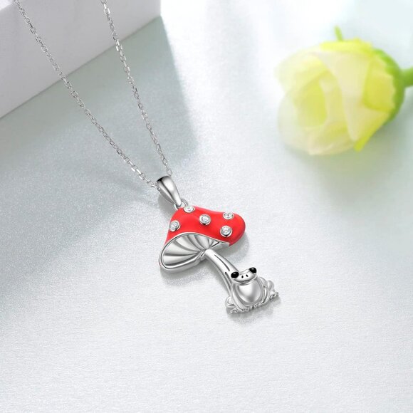 Women's Red Silver Simple Cute Frog Mushroom Charm Gift Pendant Necklace - Picture 3 of 5